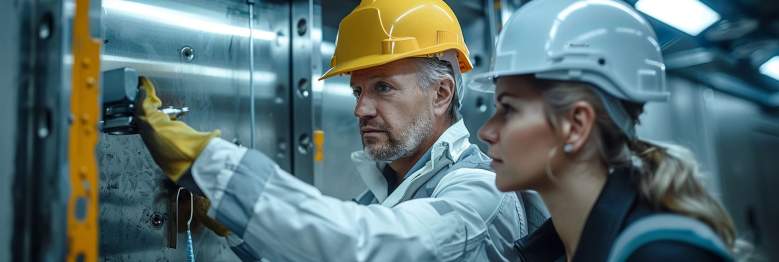 Technische Schulung zu Aufzugsanlagen mit Fachpersonal bei der Analyse von Komponenten und Betriebsabläufen