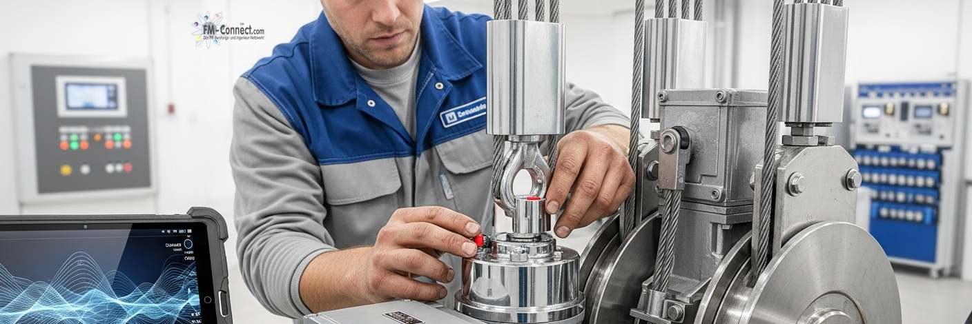 Techniker prüft Aufzugsseile und Normkonformität im Aufzugsbetrieb